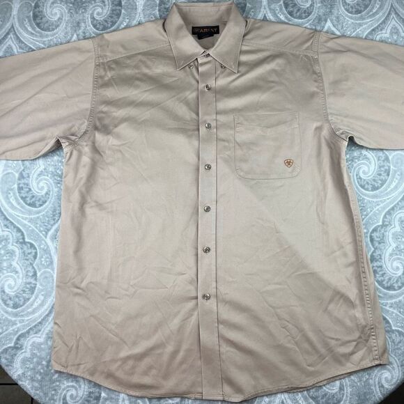 ARIAT MEN'S SOLID KHAKI TWILL LONG SLEEVE WESTERN SHIRT - Picture 2 of 7
